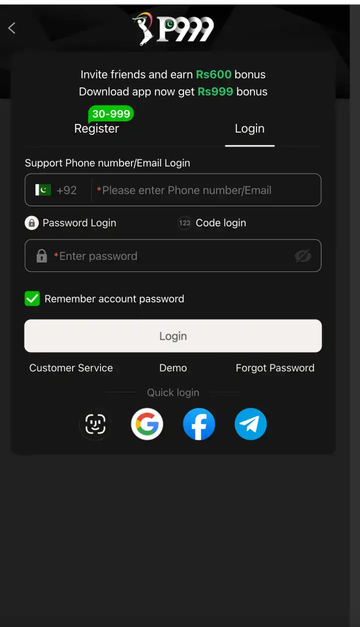 p999 login screen with cricket logo, Pakistan +92 phone or email field, password field, Login button, and Google Facebook Telegram quick-login icons